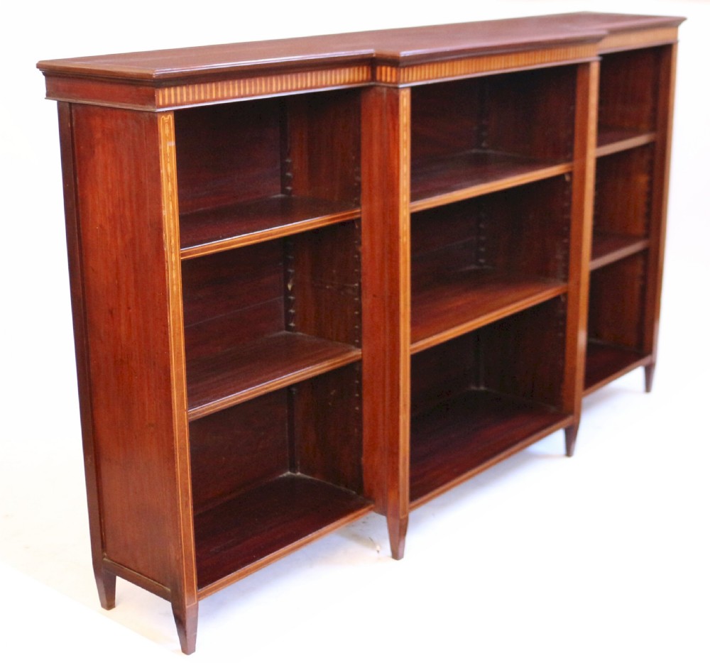 Edwardian Mahogany Inlaid Breakfront Dwarf Open Bookcase View III