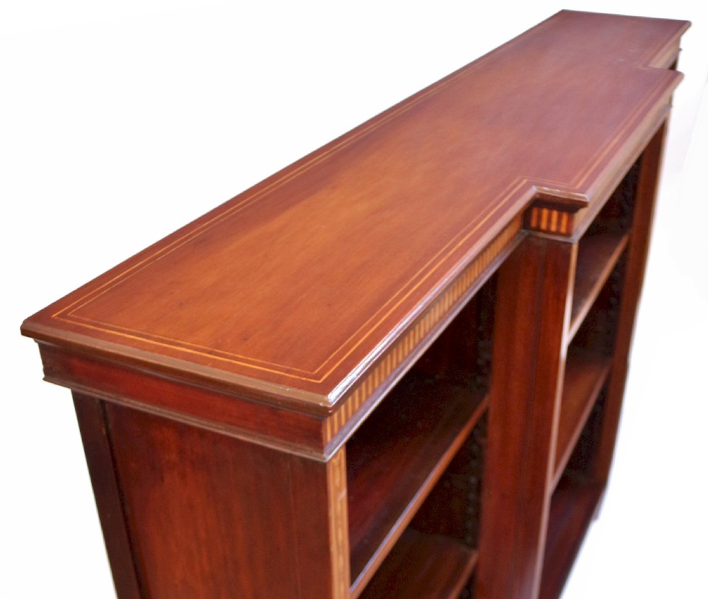 Edwardian Mahogany Inlaid Breakfront Dwarf Open Bookcase View IV