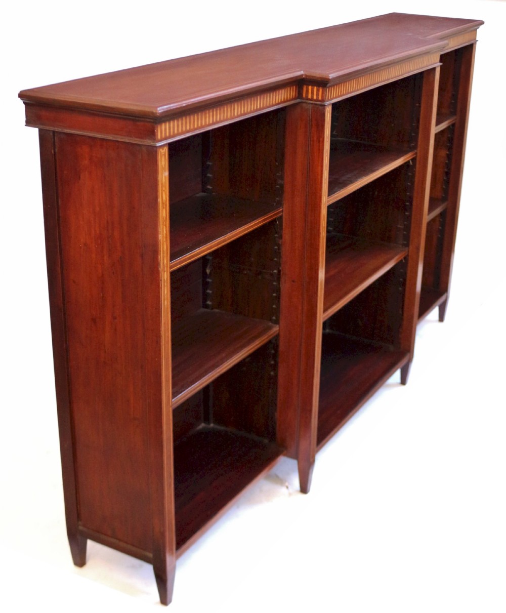 Edwardian Mahogany Inlaid Breakfront Dwarf Open Bookcase View V