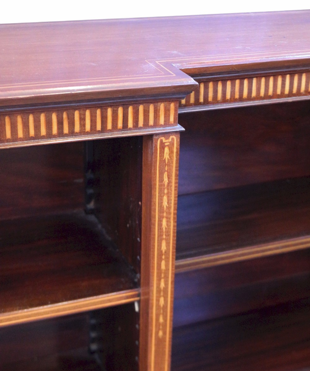Edwardian Mahogany Inlaid Breakfront Dwarf Open Bookcase View VI