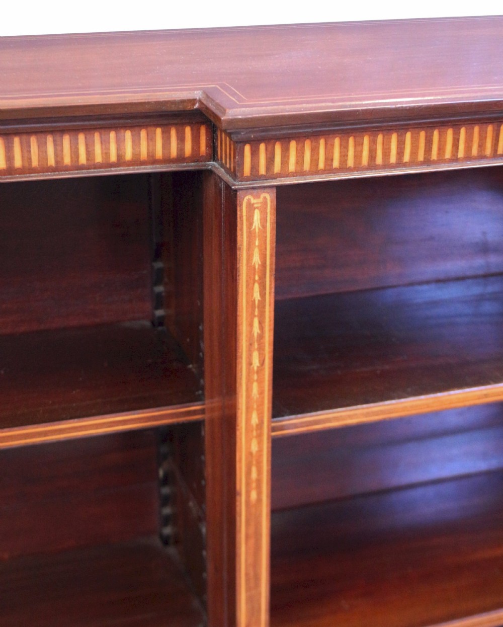 Edwardian Mahogany Inlaid Breakfront Dwarf Open Bookcase View VII