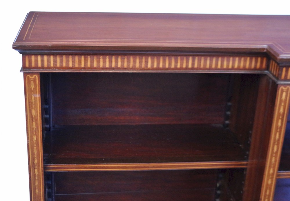 Edwardian Mahogany Inlaid Breakfront Dwarf Open Bookcase View VIII