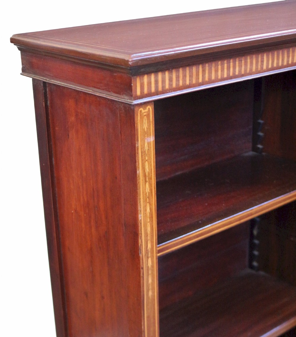 Edwardian Mahogany Inlaid Breakfront Dwarf Open Bookcase View IX