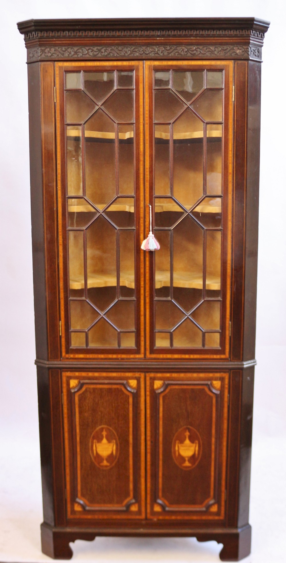 Late 19C Inlaid Mahogany Freestanding Corner Cabinet