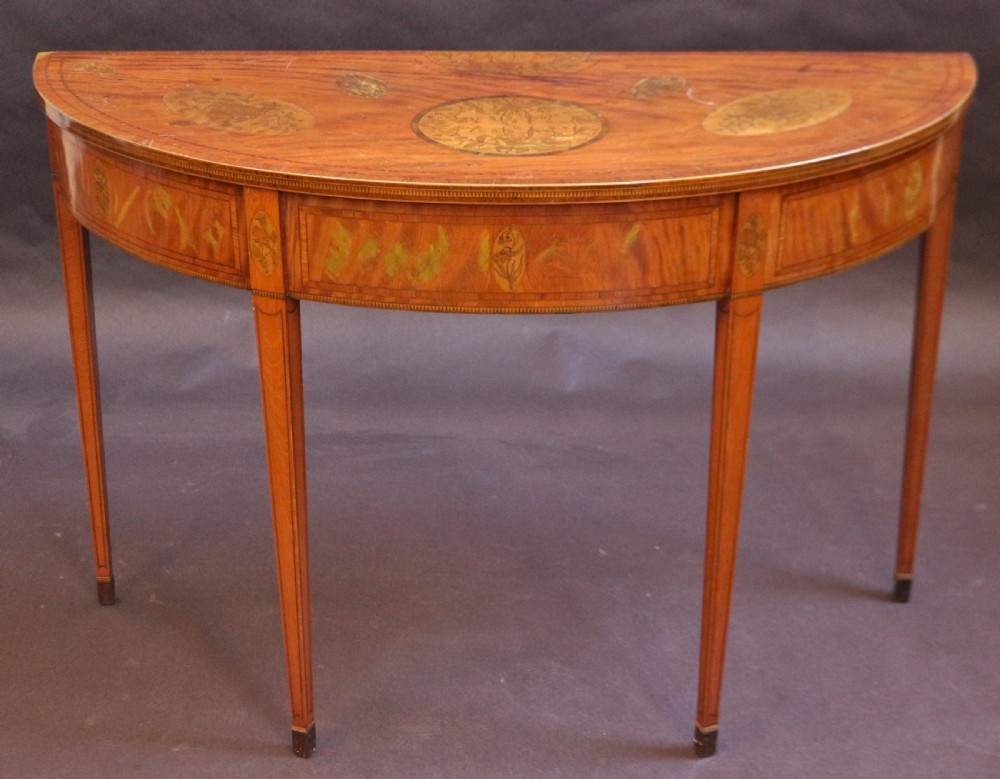 Late 19C Satinwood Inlaid Demi Lune Side Table