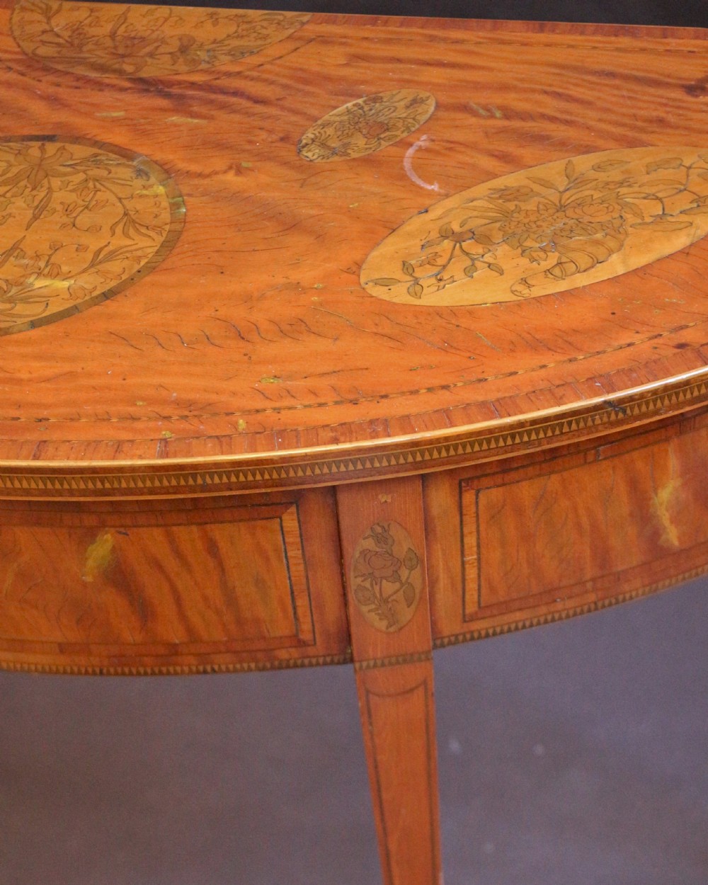 Late 19C Satinwood Inlaid Demi Lune Side Table View VII