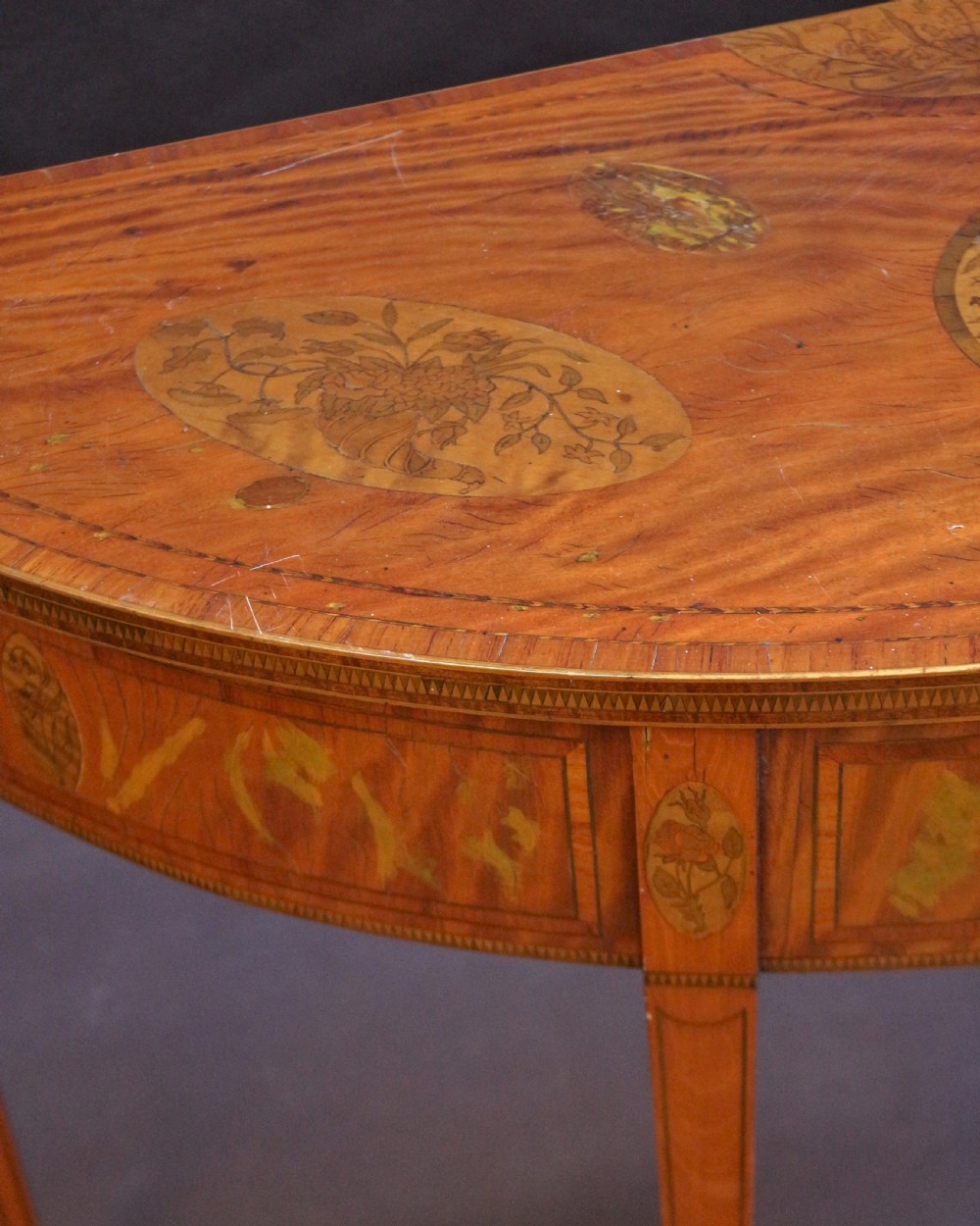 Late 19C Satinwood Inlaid Demi Lune Side Table View VIII