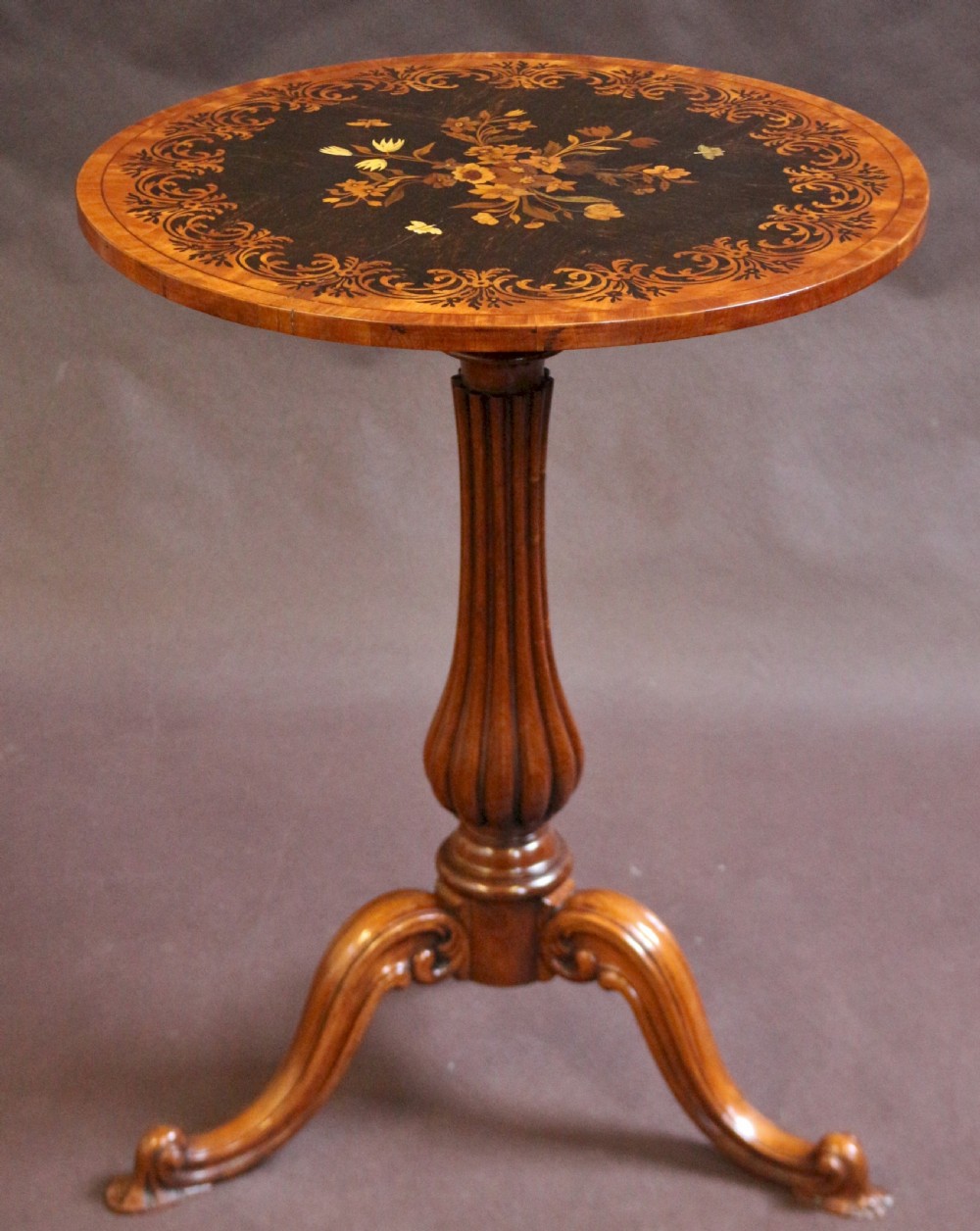 Victorian Satinwood and Rosewood Marquetry Inlaid Pedestal Tripod Table