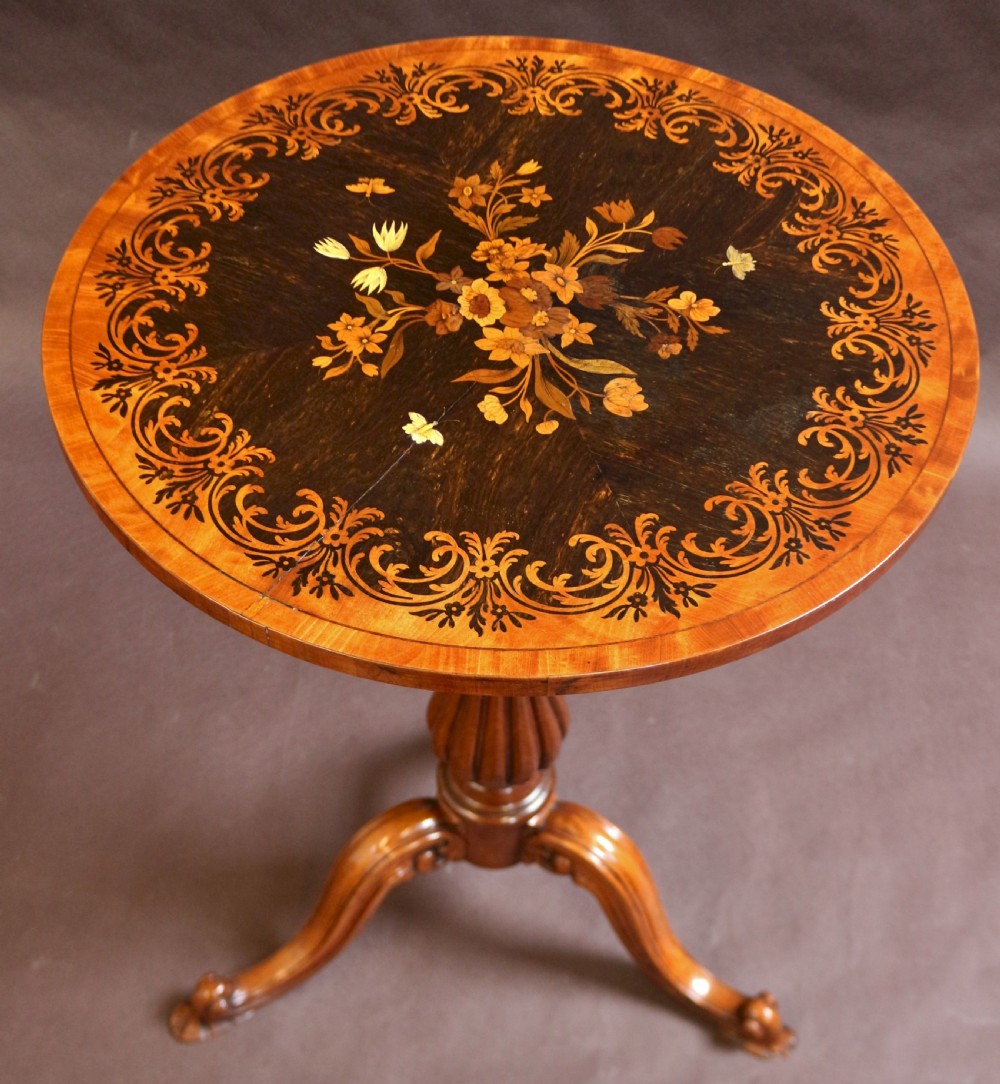 Victorian Satinwood and Rosewood Marquetry Inlaid Pedestal Tripod Table View II