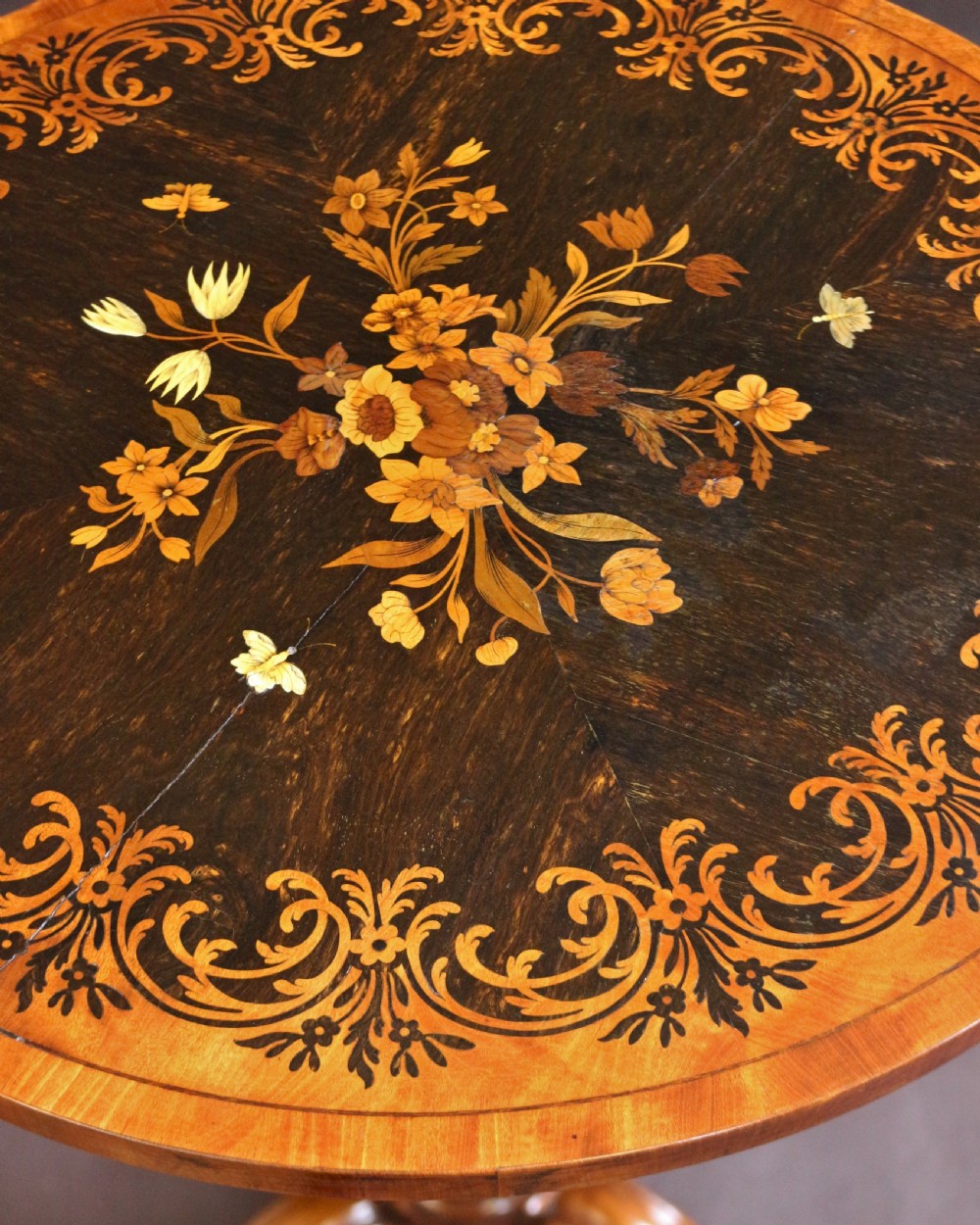 Victorian Satinwood and Rosewood Marquetry Inlaid Pedestal Tripod Table View III