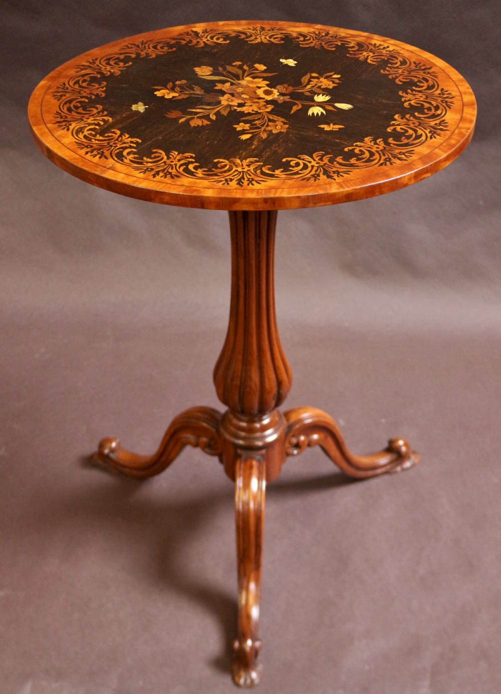 Victorian Satinwood and Rosewood Marquetry Inlaid Pedestal Tripod Table View IV