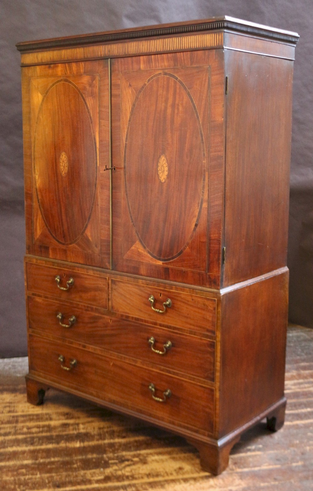 George 111 Mahogany Inlaid Linen Press with Sliding Trays View IV