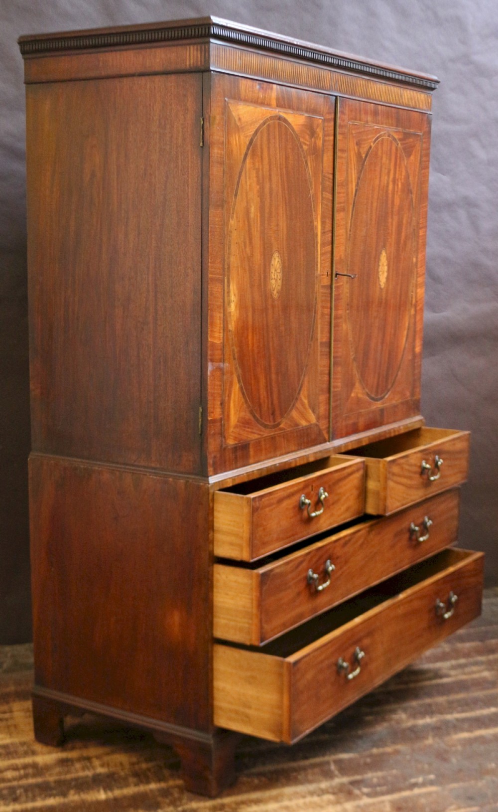 George 111 Mahogany Inlaid Linen Press with Sliding Trays View II