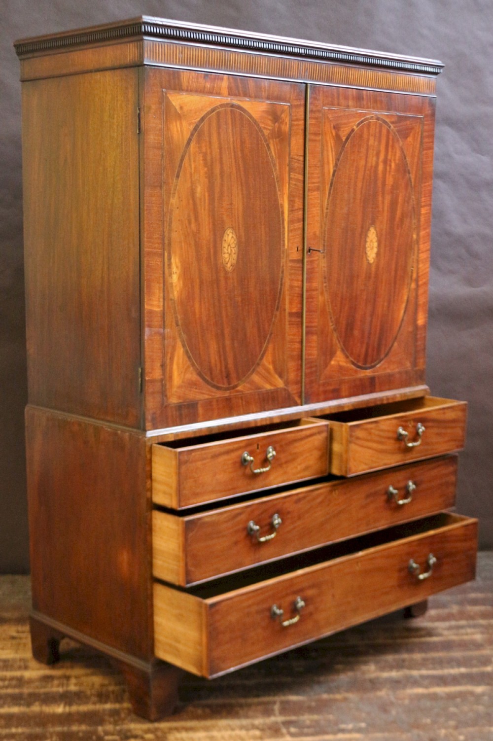 George 111 Mahogany Inlaid Linen Press with Sliding Trays View V