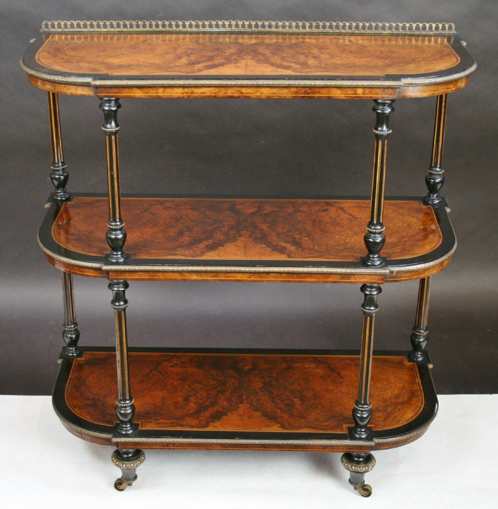 Victorian Figured Walnut and Ebony Gilt Decorated 3 Tier Whatnot
