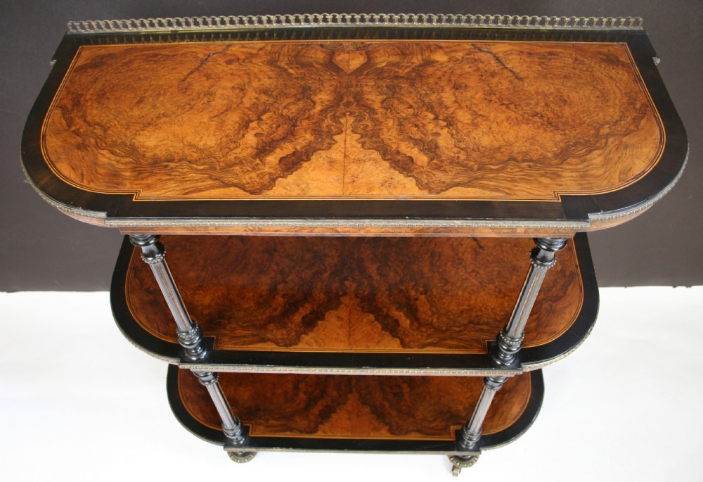 Victorian Figured Walnut and Ebony Gilt Decorated 3 Tier Whatnot View V