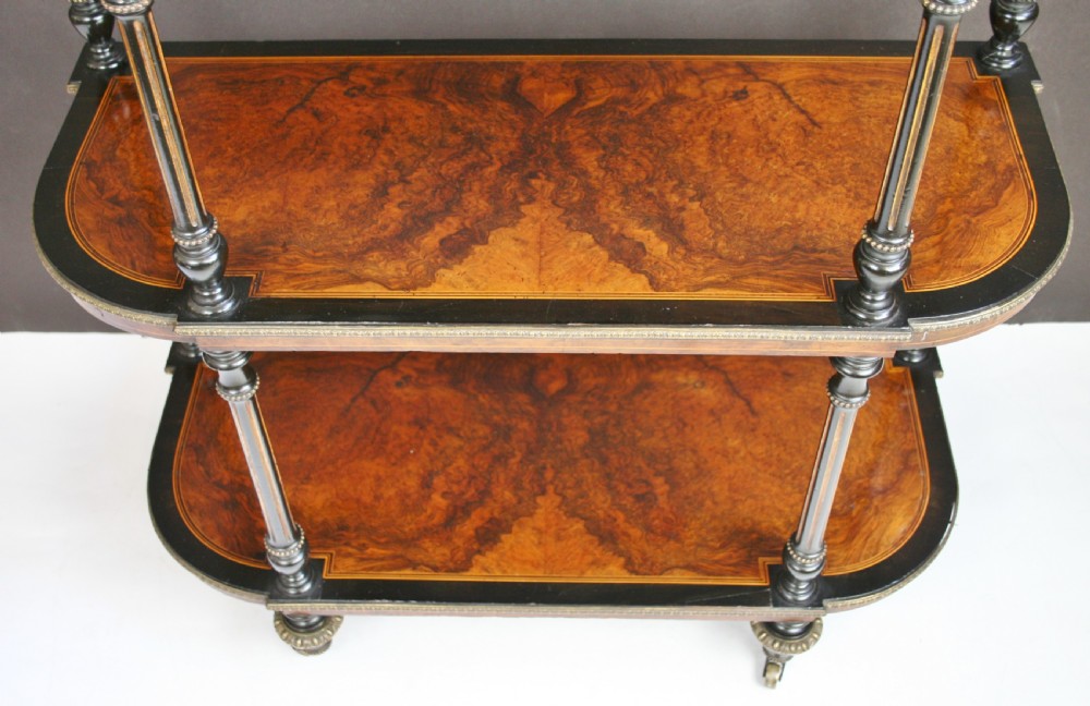 Victorian Figured Walnut and Ebony Gilt Decorated 3 Tier Whatnot View VI