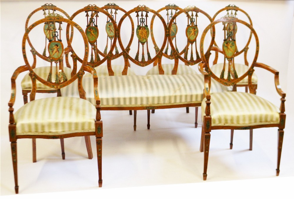 Late 19C Satinwood Painted Decorated 7 Piece Salon Suite
