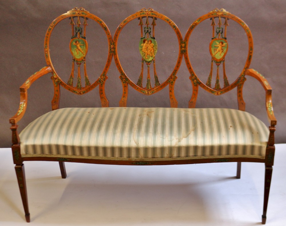 Late 19C Satinwood Painted Decorated 7 Piece Salon Suite View III
