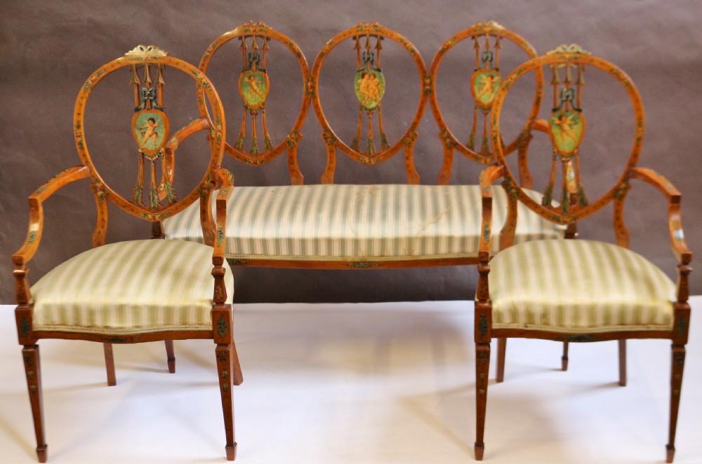 Late 19C Satinwood Painted Decorated 7 Piece Salon Suite View IV