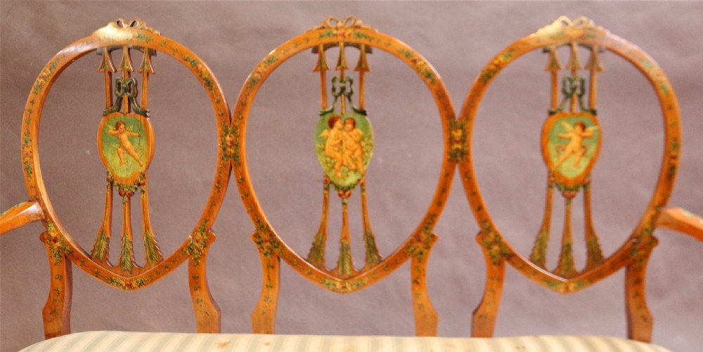 Late 19C Satinwood Painted Decorated 7 Piece Salon Suite View V