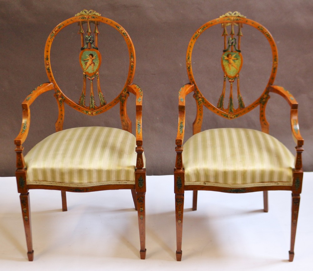 Late 19C Satinwood Painted Decorated 7 Piece Salon Suite View VII