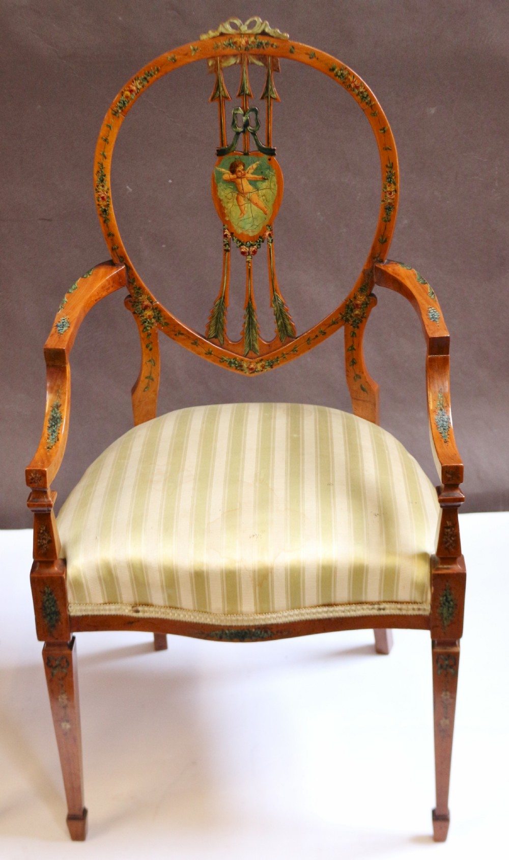 Late 19C Satinwood Painted Decorated 7 Piece Salon Suite View XI