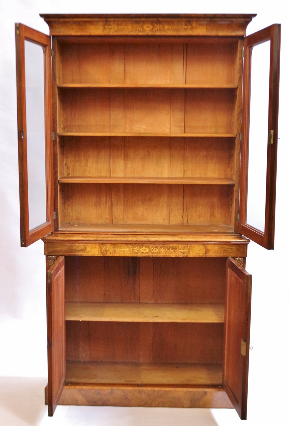 Victorian Inlaid Figured Walnut Cupboard Base Bookcase with Ormolu Mounts View II