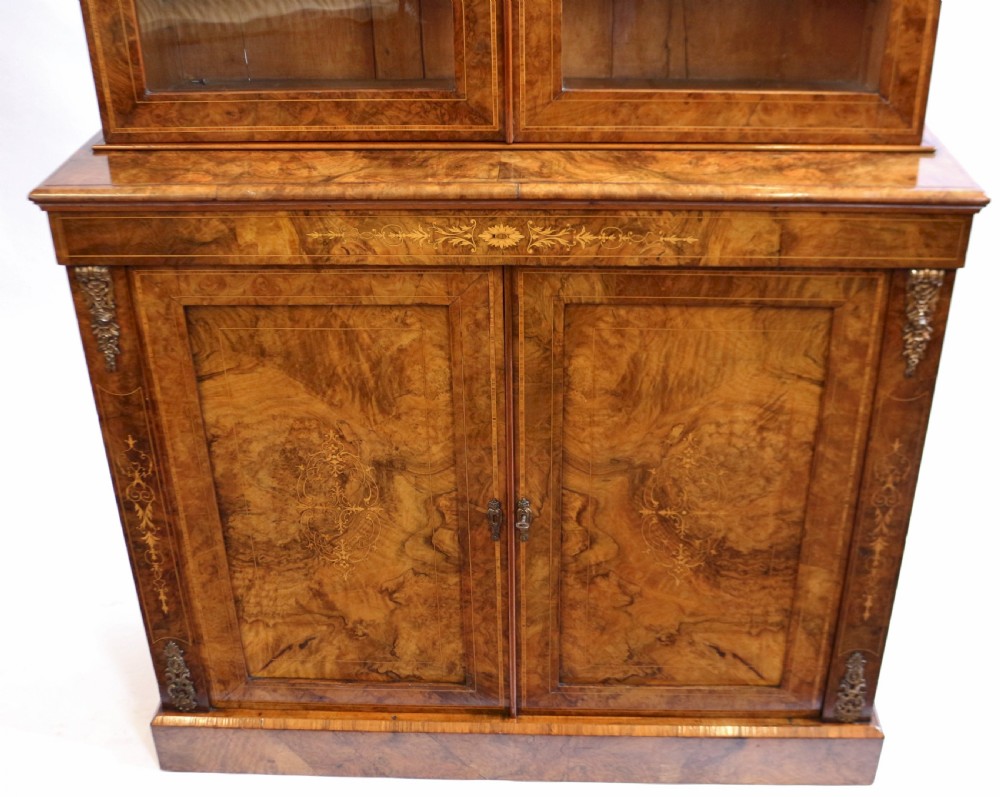 Victorian Inlaid Figured Walnut Cupboard Base Bookcase with Ormolu Mounts View VI