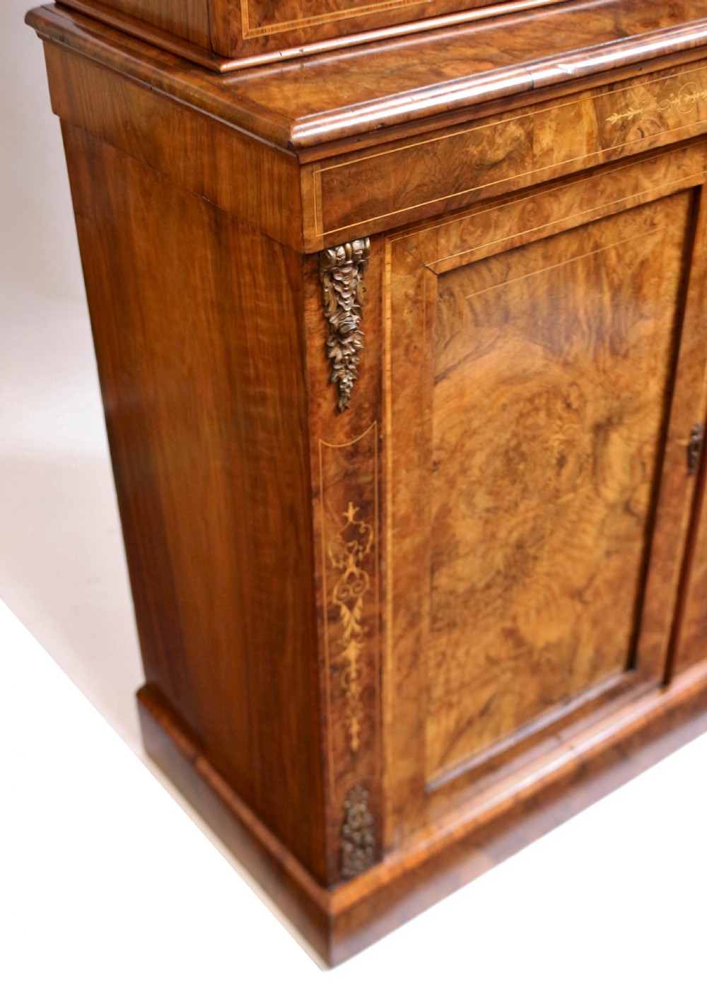 Victorian Inlaid Figured Walnut Cupboard Base Bookcase with Ormolu Mounts View IX