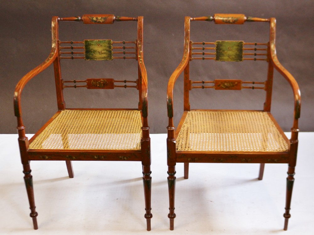 Late 19C Pair of Satinwood Painted Decorated Armchairs