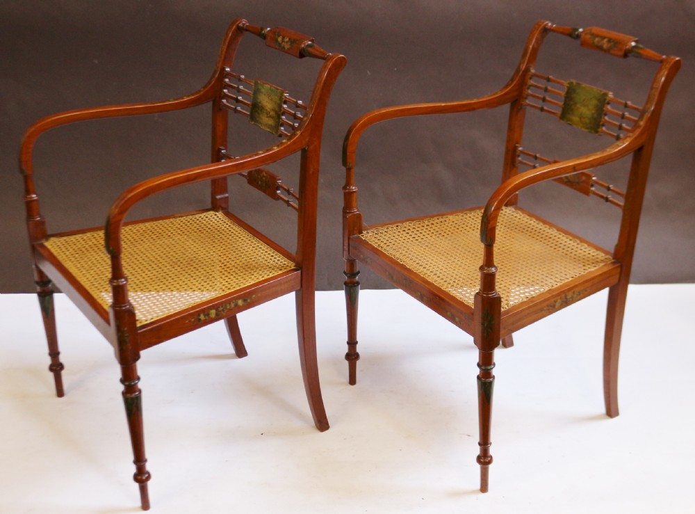 Late 19C Pair of Satinwood Painted Decorated Armchairs View II