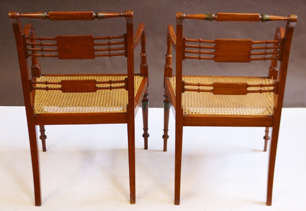 Late 19C Pair of Satinwood Painted Decorated Armchairs View III