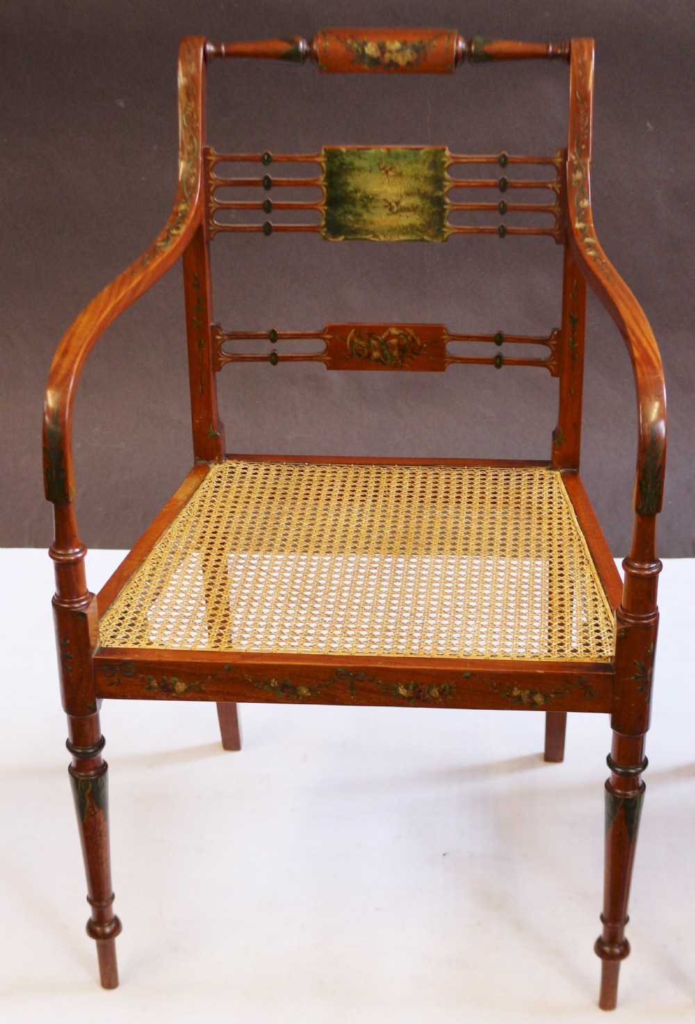 Late 19C Pair of Satinwood Painted Decorated Armchairs View V
