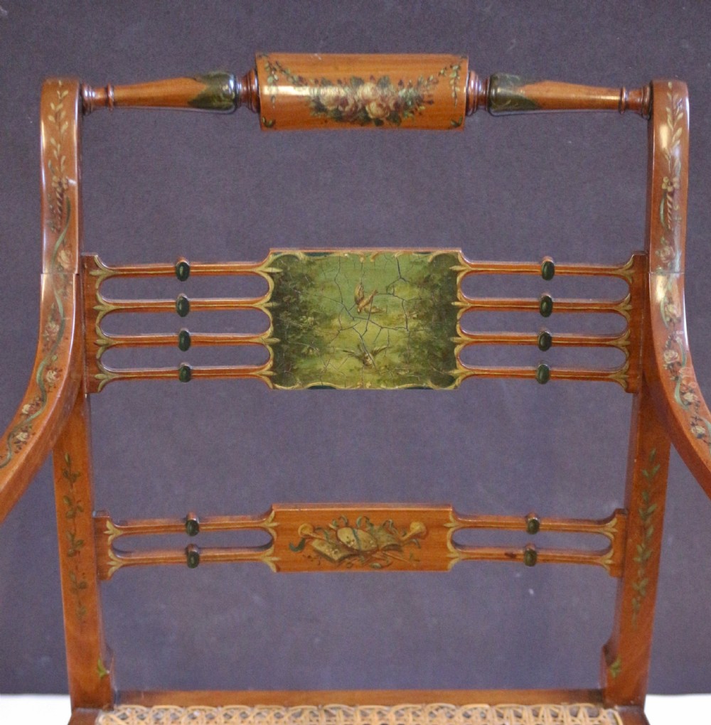 Late 19C Pair of Satinwood Painted Decorated Armchairs View VI