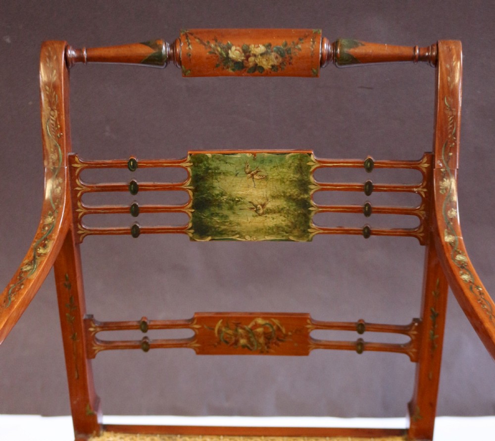 Late 19C Pair of Satinwood Painted Decorated Armchairs View VII