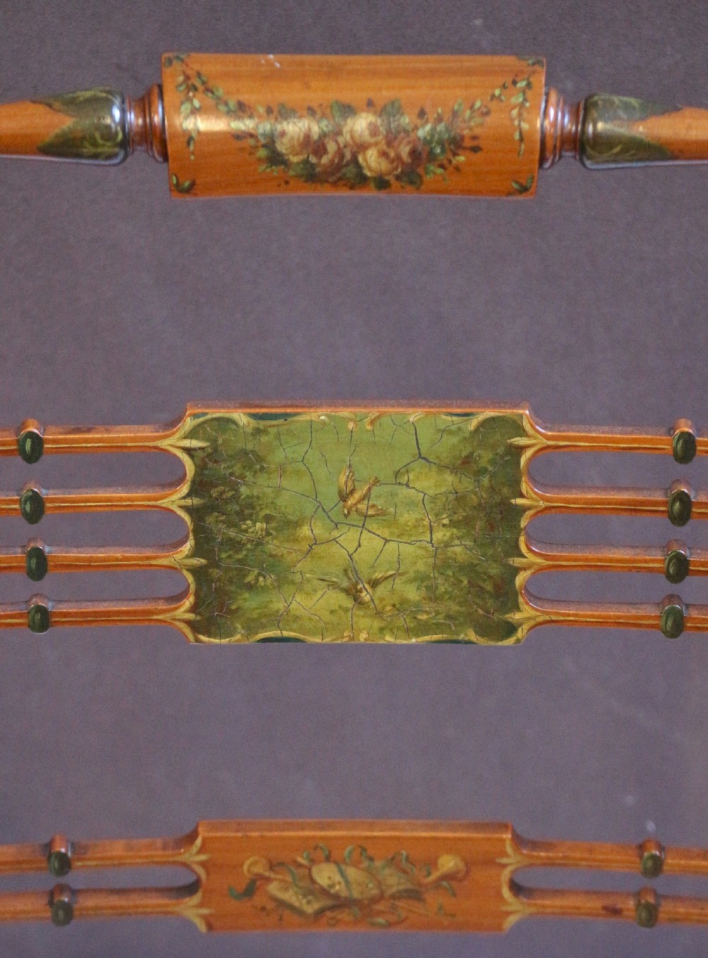 Late 19C Pair of Satinwood Painted Decorated Armchairs View VIII