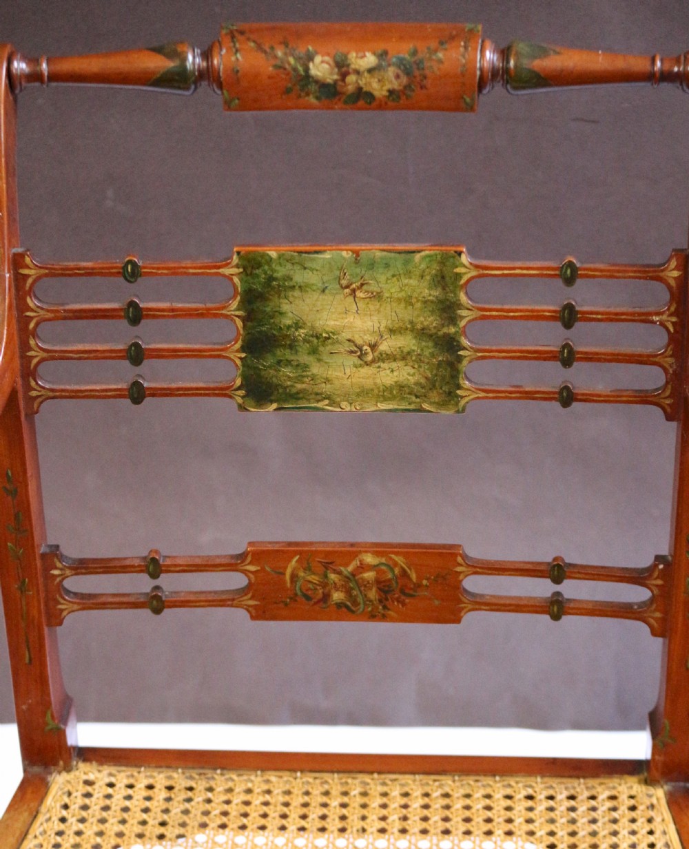 Late 19C Pair of Satinwood Painted Decorated Armchairs View IX