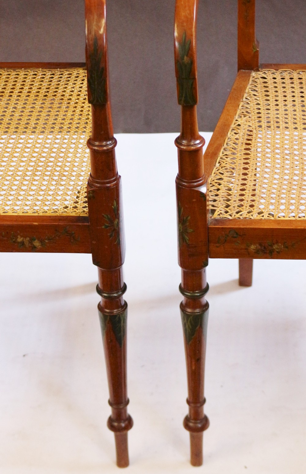 Late 19C Pair of Satinwood Painted Decorated Armchairs View XI