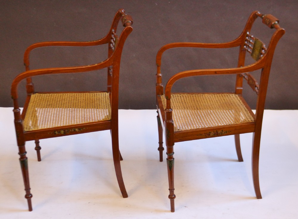 Late 19C Pair of Satinwood Painted Decorated Armchairs View XVII