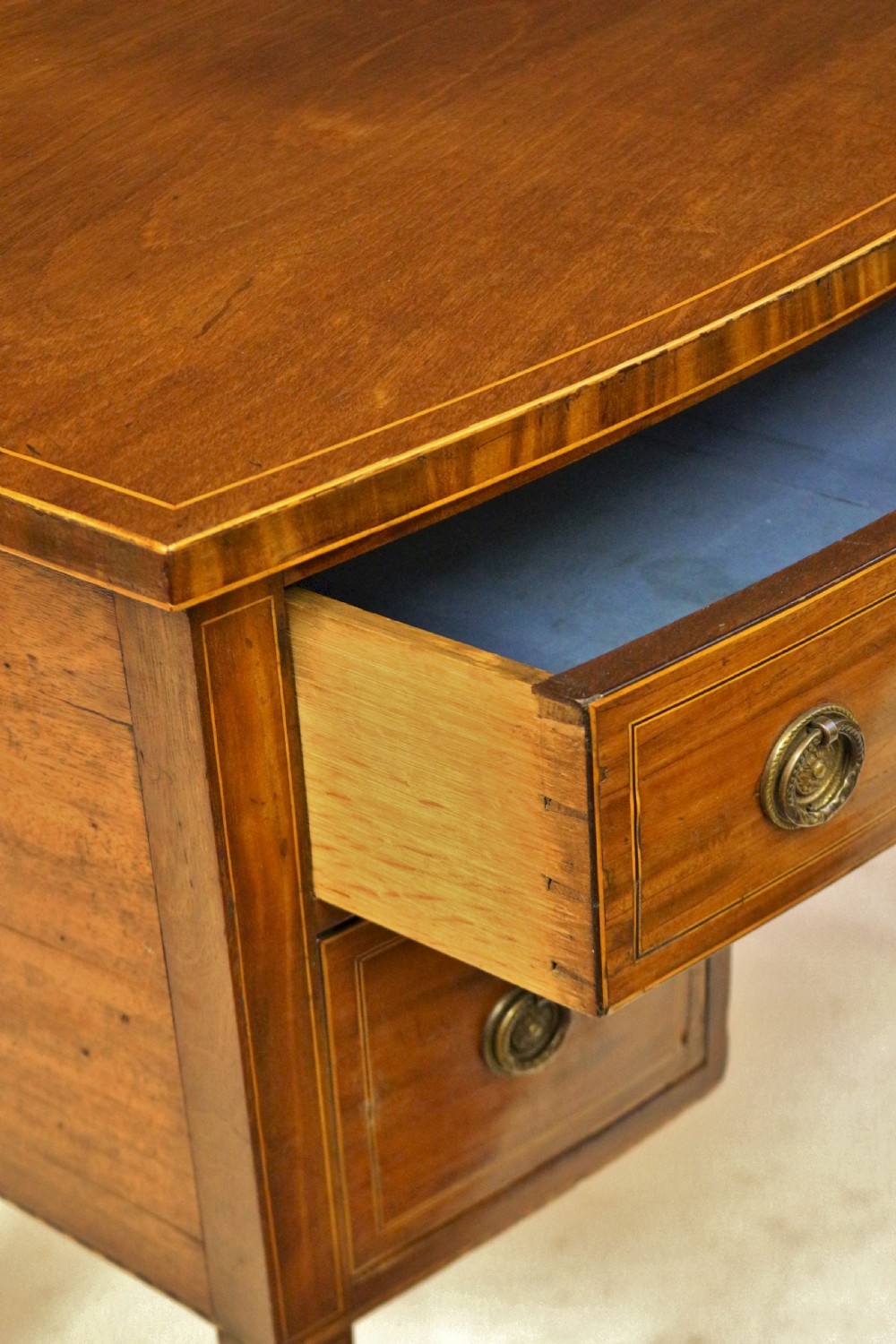 George 111 Mahogany Inlaid Bowfront 3 Drawer Kneehole Side Table View VI