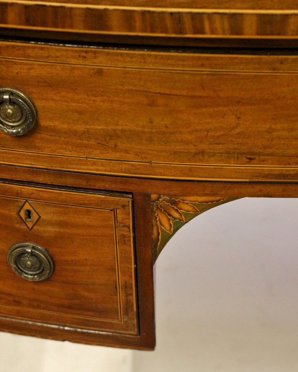 George 111 Mahogany Inlaid Bowfront 3 Drawer Kneehole Side Table View VII