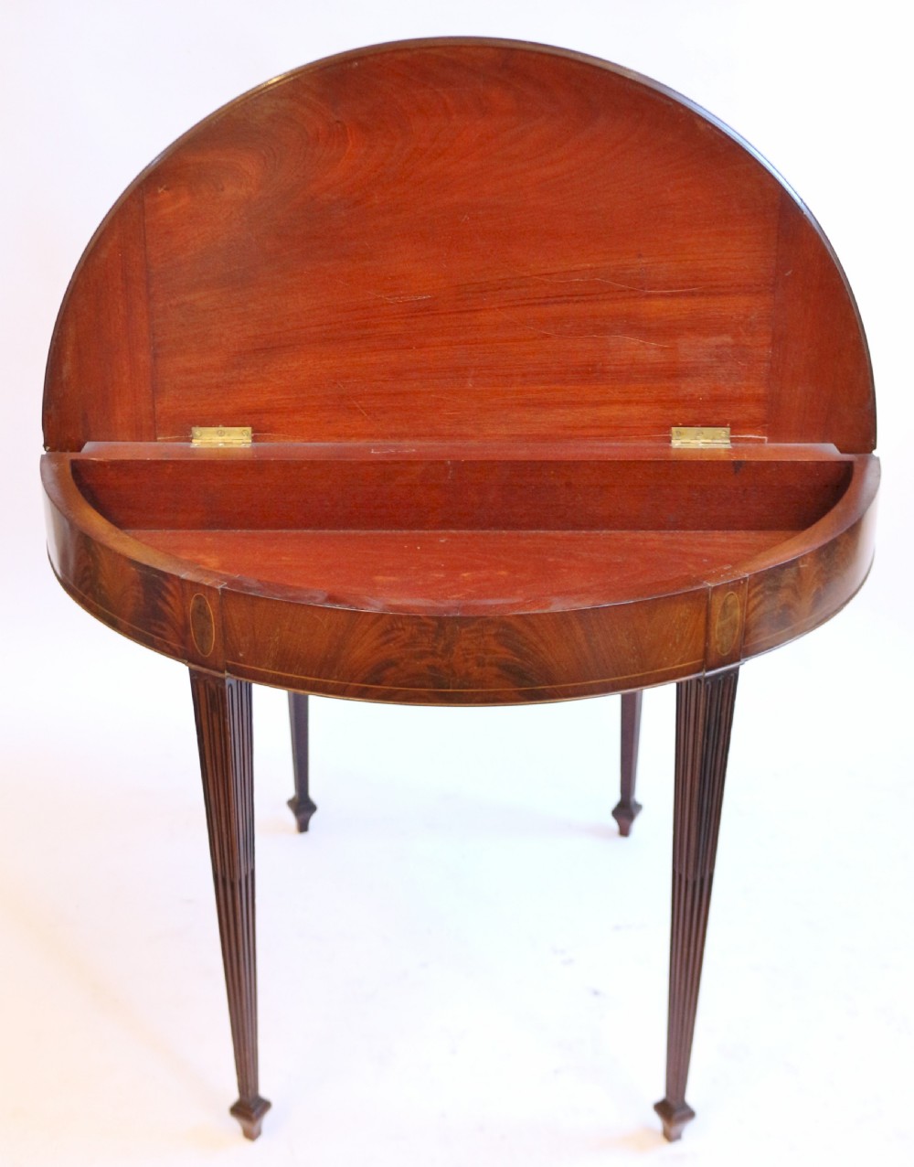Edwardian Inlaid Mahogany Demi Lune Card Table with Double Lift Top View V