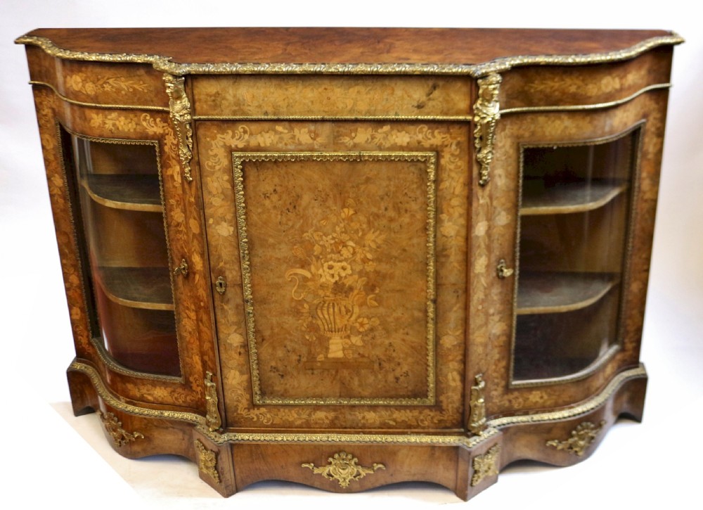 Fine Figured Walnut & Marquetry Serpentine Ormolu Mounted Credenza