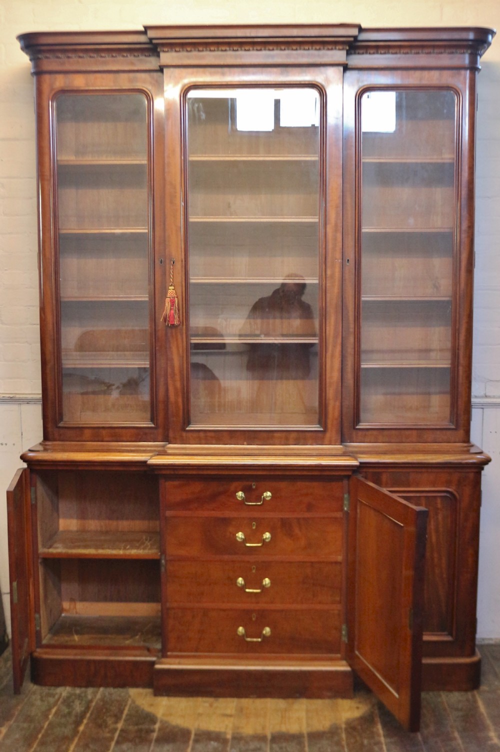 Victorian Mahogany 3 Door Round Cornered Breakfront Bookcase View II