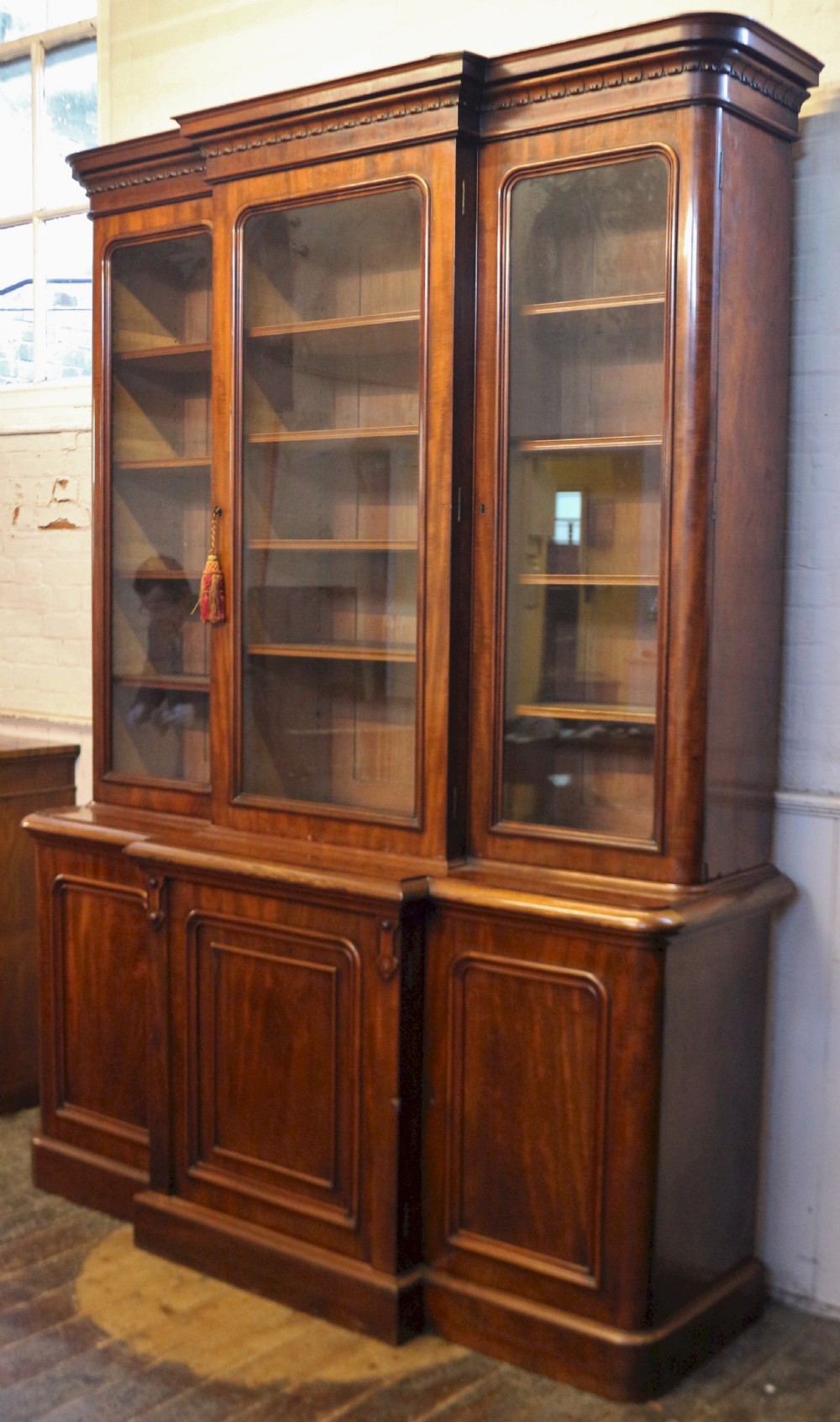 Victorian Mahogany 3 Door Round Cornered Breakfront Bookcase View III