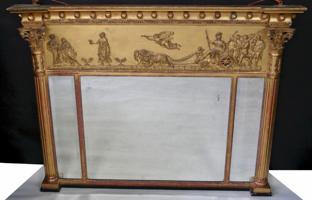 Regency Gilt Triple Plate Wall Mirror with Chariot Frieze