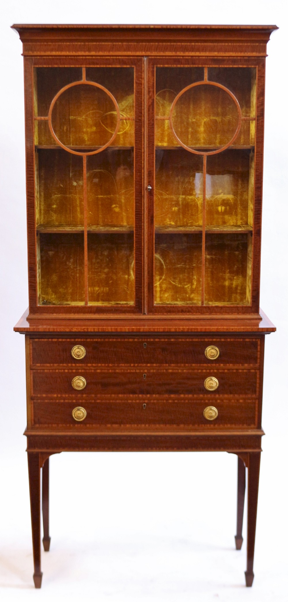 Edwardian Mahogany Satinwood Banded Display Cabinet on 3 Drawer Stand