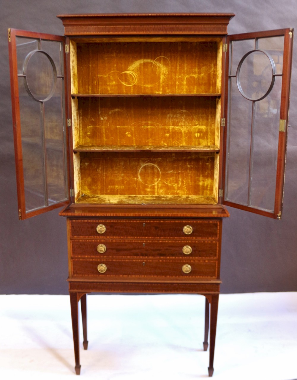 Edwardian Mahogany Satinwood Banded Display Cabinet on 3 Drawer Stand View II
