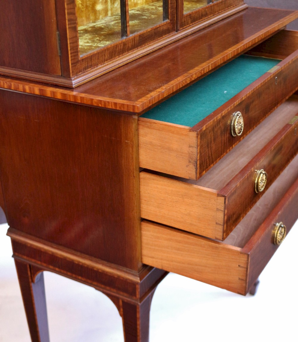Edwardian Mahogany Satinwood Banded Display Cabinet on 3 Drawer Stand View V